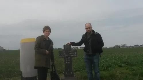 Ronald Shoebridge’s daughter Angela and grandson James at the Hamois crash-site memorial