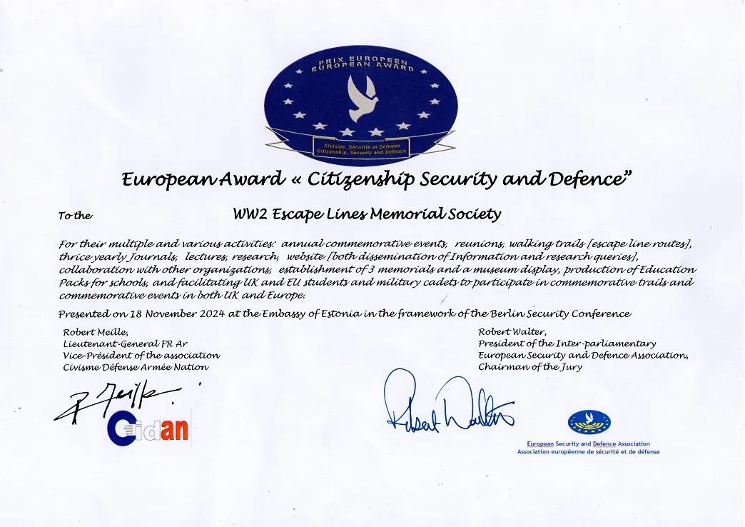 European Award certificate recognising ELMS for citizenship, security and defence