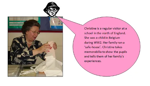 Christine showing pupils wartime memorabilia; as a child in Belgium, her family ran a safe house during the Second World War