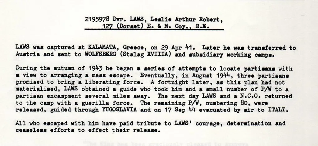 Citation for Les Laws's Distinguished Conduct Medal