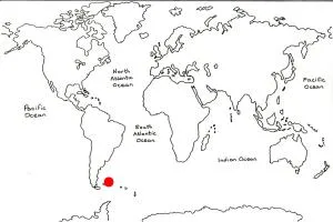 World map marking the Falkland Islands with a red dot