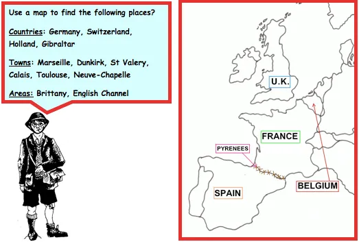 Young ELMS map activity showing the UK, France, Belgium, Spain and the Pyrenees, with wartime places for pupils to find