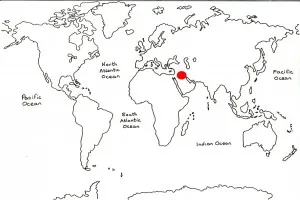 World map marking Iraq with a red dot