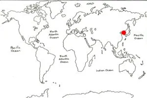 World map marking Korea with a red dot