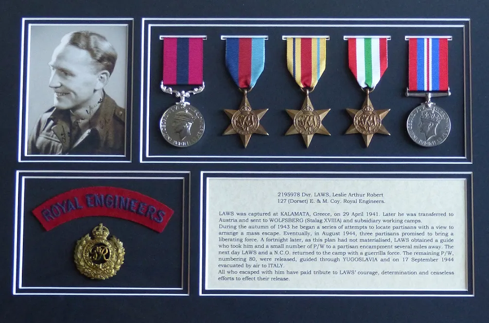 Les Laws's medals and Royal Engineers badge