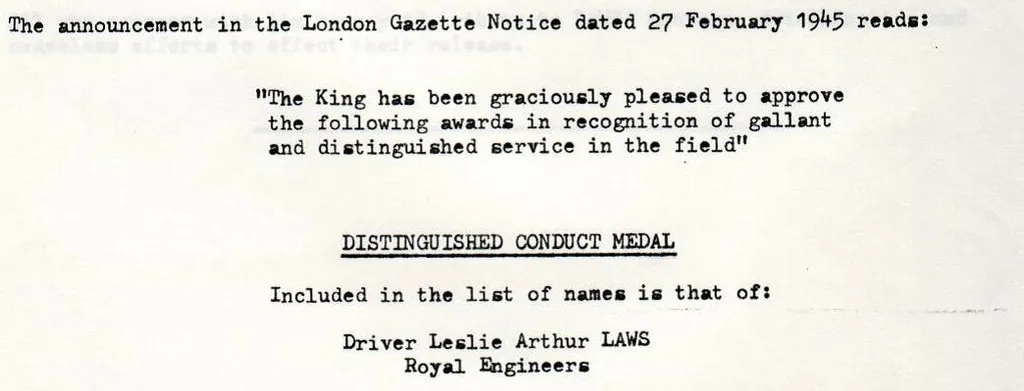London Gazette announcement of Les Laws's Distinguished Conduct Medal
