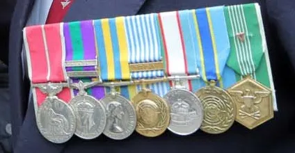Close-up of Major David Sharp’s medal ribbon bar