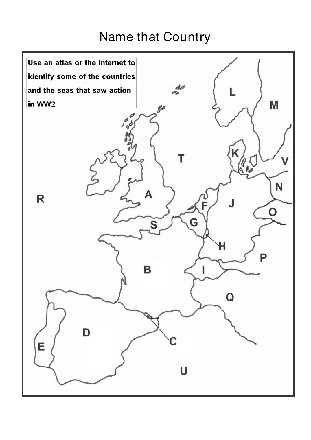 Map of wartime Europe marked with letters A to V