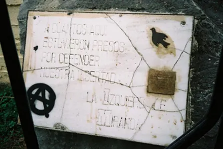 Graffiti-covered memorial at the former Miranda de Ebro camp