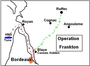 Map of the Operation Frankton route from the Gironde to Ruffec