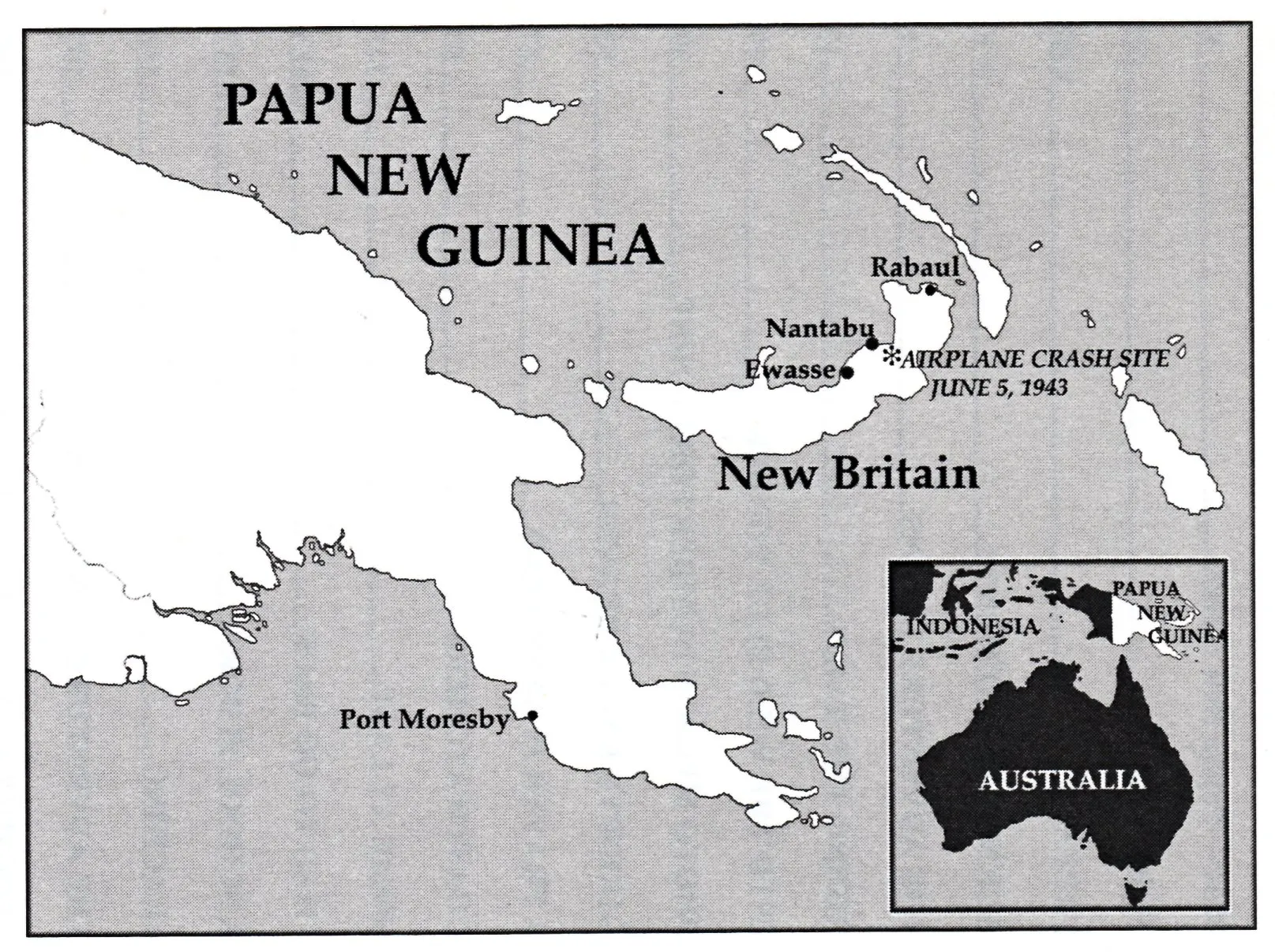 Map of Papua New Guinea showing the crash site near Ewasse and Nantabu