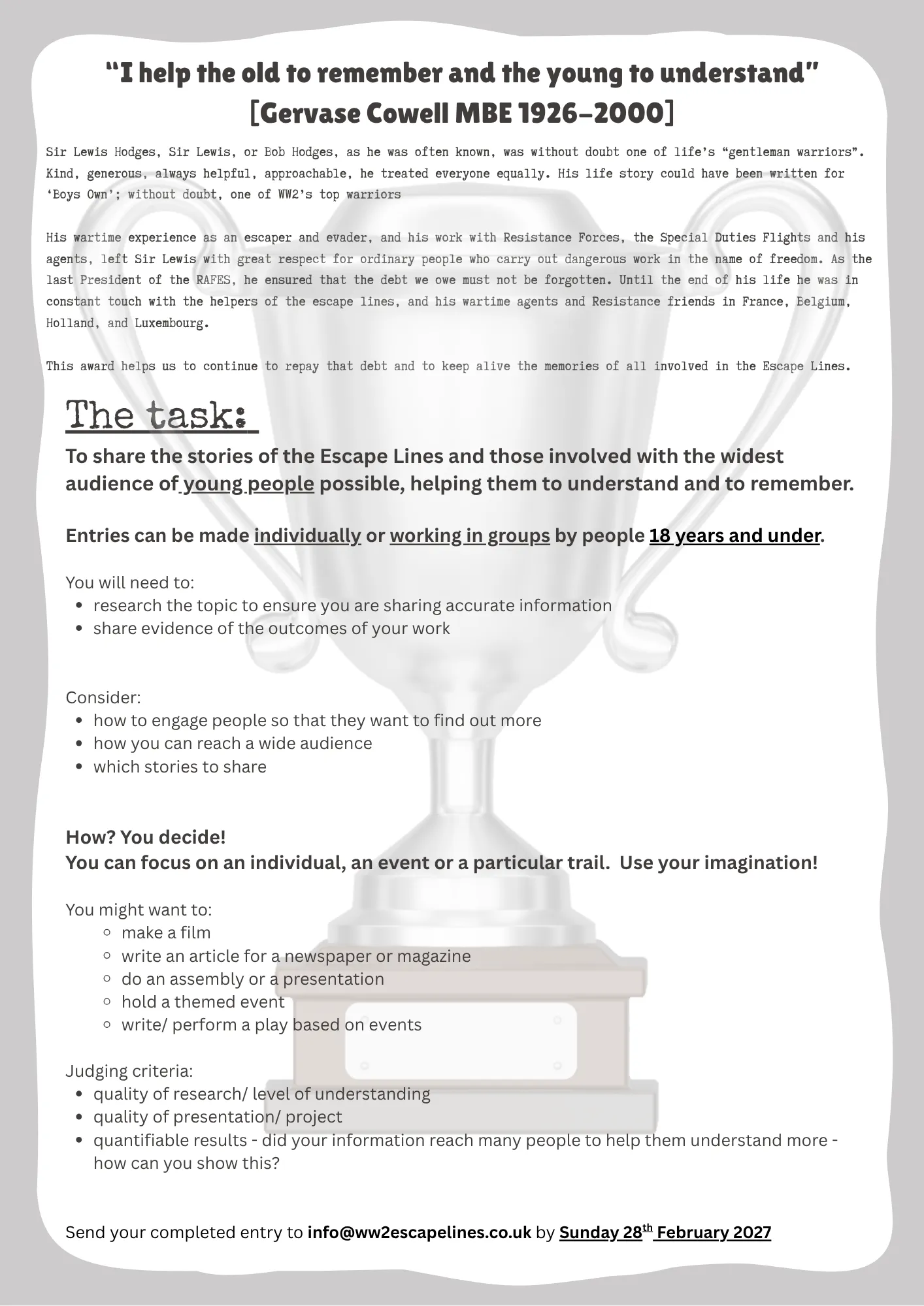 Hodges Cup competition poster explaining the task, entry requirements and judging criteria; full text follows