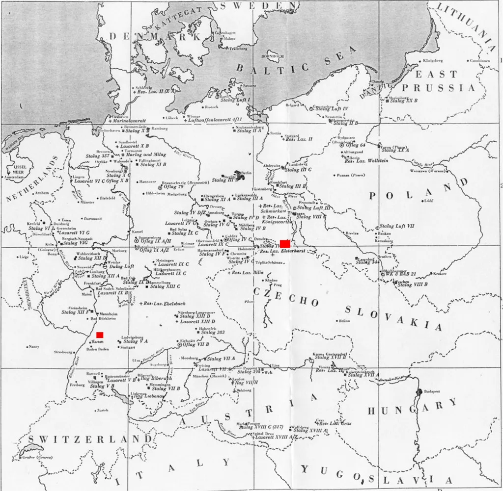 Map of prisoner-of-war camps in Germany, with Stalag IV A and Karlsbad marked