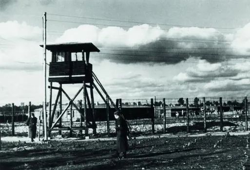 Prisoner-of-war camp perimeter and guard tower