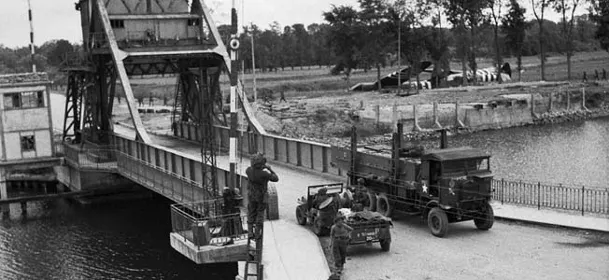 Vehicles crossing Pegasus Bridge after its capture