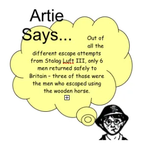 Artie says: Out of all the different escape attempts from Stalag Luft III, only six men returned safely to Britain—three of those were the men who escaped using the wooden horse.